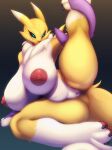  2023 absurd_res anthro areola bandai_namco big_breasts blue_eyes breasts claws digimon digimon_(species) digital_media_(artwork) female genitals hi_res huge_breasts mostly_nude nipples pussy renamon sadflowerhappy simple_background solo toe_claws tongue tongue_out 