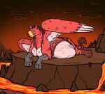  abdominal_bulge after_vore ambiguous_gender avian beak belly big_belly colored feathers feral feral_pred gryphon lava lying mythological_avian mythology on_side raised_wings red_body red_feathers thatgryphonguy vore wings 