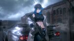  1girl absurdres assault_rifle baseball_cap black_gloves black_headwear black_pants black_shirt blue_archive blue_hair car cloud cloudy_sky coat crop_top gloves gun halo hat highres holding holding_gun holding_weapon long_hair looking_at_viewer motor_vehicle navel no_mask outdoors pants purple_eyes rifle saori_(blue_archive) seymour_(sai_lu_er) shirt sig_516 sky solo spoiler_(automobile) stomach weapon white_coat 