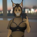  1:1 anthro big_breasts black_clothing black_lingerie blurred_background breasts brown_eyes brown_hair caracal caracal_(genus) clothing digital_media_(artwork) drijuce felid feline female hair holding_object lingerie mammal phone pink_nose selfie solo translucent translucent_clothing whiskers 