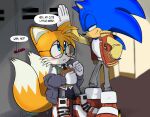  2boys book commentary english_commentary english_text furry furry_male hallway highres holding holding_book indoors jacket jersey letterman_jacket male_focus mintokitsune multiple_boys school_uniform sonic_(series) sonic_the_hedgehog tails_(sonic) uniform yaoi 