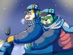  2023 4:3 anthro armor bear bottomwear clothing duo embrace eyes_closed eyewear glasses green_body headgear helmet hi_res hug hugging_from_behind kemono male mammal motorcycle noichi_53 outside overweight overweight_male pants scarf snow snowing sweater topwear vehicle 