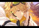  1boy blonde_hair close-up commentary_request goggles goggles_on_head helios_rising_heroes high_collar highres letterboxed parted_lips partial_commentary sekina short_hair solo sweat will_sprout yellow_eyes 