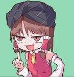  1girl :3 benikurage_(cookie) black_headwear breasts brown_eyes brown_hair collared_shirt commentary_request cookie_(touhou) detached_sleeves fangs frilled_hair_tubes frills green_background hair_tubes hakurei_reimu index_finger_raised medium_bangs mukenkairou necktie open_mouth parted_bangs photo-referenced ribbon-trimmed_sleeves ribbon_trim sarashi shirt short_hair simple_background sleeveless sleeveless_shirt slit_pupils small_breasts smile solo touhou turban upper_body white_sleeves yellow_necktie 