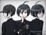  1boy ahoge black_hair black_headwear black_jacket breast_pocket brown_eyes buttons closed_mouth danganronpa_(series) danganronpa_v3:_killing_harmony dated double-breasted gradient_background grey_background grin hair_between_eyes happy_birthday highres jacket long_sleeves looking_at_viewer male_focus multiple_views official_alternate_costume pocket red_eyes saihara_shuichi short_hair smile striped striped_jacket suiren_yurei teeth upper_body 