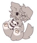  animal_plushie anthro canid canine canis domestic_dog female fur hair holding_object jam_(joycawn) joycawn looking_at_viewer mammal messy_hair multicolored_body multicolored_fur one_ear_up one_eye_closed paws raised_tail simple_background smile solo tail 