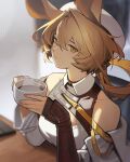  1girl animal_ears arknights bangs bare_shoulders black_gloves blonde_hair coffee_mug crossed_bangs cup distr dorothy_(arknights) elbow_gloves fingerless_gloves gloves hair_between_eyes hat highres holding holding_cup jacket long_hair long_sleeves mouse_ears mouse_girl mug open_clothes open_jacket shirt single_elbow_glove sitting sleeveless sleeveless_shirt solo table upper_body white_headwear white_jacket white_shirt yellow_eyes 