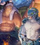  2boys abs aqua_fur bara black_hair blue_eyes bottle campfire cherry_blossoms commentary cropped dark-skinned_male dark_skin demon_boy demon_horns extra_horns fangs fingerless_gloves fire furry furry_male gloves grin helmet holding holding_bottle horns large_pectorals live_a_hero looking_at_another macroich_(housamo) male_focus multicolored_hair multiple_boys muscular muscular_male neumo nipples one_eye_closed pectorals petals rexer_(live_a_hero) short_hair smile tent thick_eyebrows tokyo_afterschool_summoners topless_male towel towel_around_neck upper_body water_bottle white_hair 