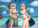  2girls antenna_hair ass bare_shoulders bikini bird_girl bird_tail blue_hair blue_sky breasts brown_eyes character_request cleavage cloud cloudy_sky day green_bikini green_hair head_wings highres jewelry kemono_friends kemono_friends_3 large_breasts mo23 multicolored_hair multiple_girls navel necklace ocean orange_hair outdoors own_hands_together sky smile swimsuit tail thighs tree water wet wings 