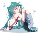  1girl aosaki_yato aqua_hair bare_arms bare_shoulders black_skirt blue_eyes bound bound_legs curled_up feet full_body grey_shirt hands_on_own_legs hatsune_miku heart highres holding holding_ribbon hugging_own_legs knees_up leaning_forward light_blush long_hair looking_at_viewer looking_to_the_side miku_day miniskirt nail_polish pleated_skirt ribbon shadow shirt sitting skirt sleeveless sleeveless_shirt smile solo toenail_polish toenails toes twintails very_long_hair vocaloid white_background 