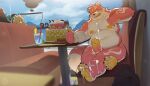  2023 absurd_res anthro belly big_belly birthday_cake cake canid canine dessert detailed_background erection feet food genitals group hi_res humanoid_hands kemono male mammal moobs nipples overweight overweight_male penis piero03432812 sitting 