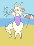  anthro beach beach_umbrella chikn_nuggit clothing crescent_moon dialogue dragon fur fwench_fwy_(chikn_nuggit) hands_behind_head hi_res horn kingfoxette looking_at_viewer moon nonbinary_(lore) one-piece_swimsuit pink_eyes raised_arms sand sea seaside smile solo standing swimwear text umbrella water white_body white_fur 
