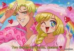  1boy 1girl barbenheimer_(meme) barbie_(character) barbie_(franchise) barbie_(live_action) blonde_hair blue_sky blush cloud cloudy_sky hanavbara heart jacket ken_(barbie) meme one_eye_closed oppenheimer_(movie) pink_clouds pink_jacket rainbow sky smile 