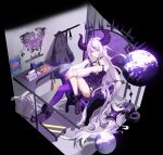  1girl absurdres ahoge ankle_cuffs bare_shoulders black_horns braid braided_bangs can detached_sleeves grey_hair haizakura_yuri highres hololive horns knee_up la+_darknesss la+_darknesss_(1st_costume) legs long_hair multicolored_hair on_chair pointy_ears purple_hair purple_thighhighs single_thighhigh sitting streaked_hair striped_horns thighhighs tissue_box very_long_hair virtual_youtuber yellow_eyes 