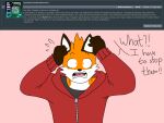  2018 4:3 5_fingers anthro ask_blog batspid2 black_eyebrows black_eyes black_nose brown_body brown_fur canid canine clothing digital_drawing_(artwork) digital_media_(artwork) ear_markings english_text exclamation eyebrows facial_markings facial_tuft fingers flat_colors fox front_view fur gloves_(marking) grey_clothing grey_topwear hand_on_head head_markings hoodie looking_at_viewer male mammal markings max_(batspid2) multicolored_body multicolored_fur open_mouth orange_body orange_fur pink_background pink_tongue question red_clothing red_topwear scared shirt simple_background slim_anthro slim_male solo sweatshirt teeth text tongue topwear white_body white_fur 