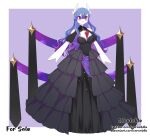  1girl :3 arms_at_sides artist_name black_dress blue_hair blush breasts cleavage_cutout clothing_cutout colored_skin commentary crescent deviantart_username dress english_commentary english_text full_body fusion gardevoir gradient_hair hair_between_eyes hair_ornament hairclip happy highres layered_dress leona_(leonie) long_dress long_hair lunala medium_breasts mega_gardevoir mega_pokemon multicolored_hair open_mouth personification pokemon pokemon_(creature) puffy_short_sleeves puffy_sleeves purple_background purple_hair red_eyes short_sleeves shoulder_cutout sidelocks smile solo standing twitter_username two-tone_hair watermark web_address white_skin 
