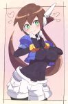  1girl absurdres aile_(mega_man_zx) black_bodysuit blush bodysuit breasts brown_hair buzzlyears closed_mouth covered_navel green_eyes heart highres large_breasts long_hair looking_at_viewer mega_man_(series) mega_man_zx shorts smile solo white_shorts 