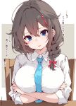  1girl alternate_breast_size aqua_necktie blue_eyes braid breasts brown_hair chair check_translation collared_shirt crossed_arms flower hair_flaps hair_flower hair_ornament hair_over_shoulder hair_ribbon highres kantai_collection large_breasts long_hair looking_at_viewer necktie parted_lips red_ribbon ribbon sakakiba_misogi shigure_(kancolle) shirt simple_background single_braid sitting solo translation_request upper_body white_shirt 