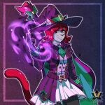  anthro arlene_edevane bottomwear cape clothed clothing digital_media_(artwork) domestic_cat dress felid feline felis female hair hat headgear headwear hi_res leonarockera looking_at_viewer magic magic_user mammal red_hair simple_background skirt solo tail watermark witch witch_hat 