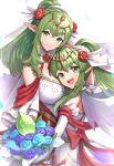  absurdres bouquet bridal_veil bride dress fire_emblem fire_emblem:_mystery_of_the_emblem fire_emblem_awakening fire_emblem_heroes flower gonzarez green_eyes green_hair hair_ornament highres holding holding_bouquet long_hair looking_at_viewer official_alternate_costume open_mouth pointy_ears ponytail smile tiki_(adult)_(fire_emblem) tiki_(fire_emblem) tiki_(young)_(fire_emblem) veil wedding wedding_dress white_dress 