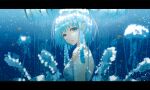  1girl blue_dress blue_eyes blue_hair blue_theme blurry chocoshi commentary_request dappled_sunlight depth_of_field dress fish jellyfish jellyfish_girl letterboxed looking_at_viewer open_mouth original partial_commentary short_hair solo strapless strapless_dress sunlight underwater upper_body 