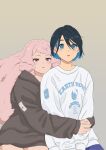  2girls absurdres blue_eyes blue_hair chuatury_panlunch english_text gundam gundam_suisei_no_majo hair_down highres hood hoodie hug ismaisuke logo long_hair looking_at_viewer messy_hair multiple_girls nika_nanaura pink_eyes pink_hair short_hair sweater 