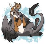  2023 absurd_res antlers brown_body brown_fur cookie dragon eyes_closed feathered_wings feathers feral food fur grey_body grey_fur happy hi_res horn invalid_tag pawpads paws pink_pawpads starwolfskin tail tail_tuft tuft white_body white_fur wings zgf_art zgf_gaming 