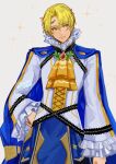  1boy alfred_(fire_emblem) ascot blonde_hair blue_cape cape circlet fire_emblem fire_emblem_engage frills hand_on_own_hip highres lamb_(contra_entry) long_sleeves looking_to_the_side male_focus shirt short_hair solo white_background white_shirt yellow_ascot yellow_eyes 