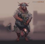  animal_genitalia anthro balls big_balls blurred_background bovid bovine brown_body brown_fur cattle facial_piercing foreskin front_view full-length_portrait fur genitals grey_body grey_fur gun hi_res holding_gun holding_object holding_weapon humanoid_genitalia humanoid_penis hybrid_genitalia hybrid_penis laser_(artist) long_foreskin male mammal mouth_closed muscular muscular_anthro muscular_male nose_piercing nose_ring overweight overweight_anthro overweight_male penis piercing portrait ranged_weapon ring_piercing saggy_balls septum_piercing septum_ring sheath sheathed_humanoid_penis signature solo standing text url weapon 