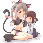  2girls ahoge alternate_breast_size animal_ear_fluff animal_ears animal_hands bare_legs bare_shoulders bell black_bra black_choker black_panties black_skirt blue_hair blunt_bangs blush bow bra bra_pull breasts brown_hair cat_cutout cat_ears cat_lingerie cat_tail choker clothes_pull clothing_cutout commentary_request frilled_bra frilled_choker frilled_panties frills frown gloves grey_hair highres hozuki_momiji long_shirt looking_at_breasts masapoooh medium_breasts meme_attire multicolored_hair multiple_girls navel neck_ribbon onii-chan_wa_oshimai! oyama_mahiro panties paw_gloves paw_shoes pink_bow red_eyes red_ribbon ribbon shirt short_hair short_ponytail sitting skirt smile stomach suspender_skirt suspenders tail tail_bell tail_bow tail_ornament twintails two-tone_hair underwear wariza white_shirt 