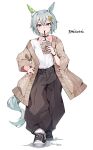  1girl absurdres animal_ears baggy_pants black_choker black_pants blue_eyes blush brown_cardigan cardigan choker drink drinking full_body grey_hair hair_between_eyes highres holding holding_drink horse_ears horse_girl horse_tail long_sleeves misoni_(mi_so_ni_t) open_cardigan open_clothes pants seiun_sky_(umamusume) shirt shoes short_hair signature simple_background sneakers solo tail umamusume white_background white_shirt 