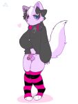  anthro chastity_cage chastity_device clothed clothing clothing_lift female footwear legwear male male/female mammal mephitid pattern_clothing pattern_legwear paws presenting skunk socks solo striped_clothing striped_legwear stripes thigh_highs 