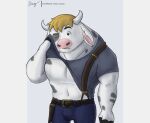  anthro bovid bovine bulge cattle chickenhare_and_the_hamster_of_darkness clothed clothing diam_snow horn knife_sheath male mammal muscular one_eye_closed ox_grunt raised_clothing raised_shirt raised_topwear shirt solo suspenders topwear whipping_face 