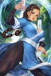  1girl avatar:_the_last_airbender avatar_legends black_pantyhose black_sleeves blue_choker blue_eyes blue_robe blurry blurry_background braid braided_ponytail breasts brown_hair choker element_bending english_commentary forest fur-trimmed_robe hair_tubes highres katara medium_breasts nature neoartcore paid_reward_available pantyhose parted_lips patreon_username pelvic_curtain robe tan thighs water waterfall 