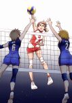  ankle_socks arm_up arms_up artist_name ball blocking blue_shirt blue_shorts brown_hair commentary elbow_pads girls_und_panzer highres jumping kawanishi_shinobu knee_pads red_shirt red_shorts red_socks satou_yasu shirt short_hair short_ponytail short_shorts shorts signature single_vertical_stripe sleeveless sleeveless_shirt socks spiking sportswear volleyball volleyball_(object) volleyball_net volleyball_uniform yellow_eyes 