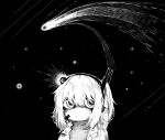  1girl a.i._voice adachi_rei closed_mouth comet frown greyscale hair_ribbon headlamp headset highres jacket medium_hair messy_hair meteor_shower microphone monochrome open_clothes open_jacket portrait radio_antenna ribbon serious shaded_face side_ponytail sideways_glance sky solo star_(sky) starry_sky subaru_namisaki turtleneck utau 