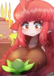  1girl absurdres ahoge animal_ears bare_shoulders bird_ears blush breasts brown_eyes brown_tank_top coco_(eogks) feathered_wings feathers harpy highres holding holding_plant large_breasts long_hair monster_girl nn_(eogks) original plant potted_plant red_feathers red_hair red_wings sidelocks solo tank_top winged_arms wings 