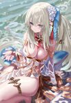  1girl bare_shoulders bikini blue_eyes blue_hair braid breasts cleavage detached_sleeves fate/grand_order fate_(series) flower french_braid gold_trim hair_flower hair_ornament hair_ribbon large_breasts long_hair looking_at_viewer morgan_le_fay_(fate) morgan_le_fay_(water_princess)_(fate) multicolored_hair ponytail ribbon shino_(eefy) shore sidelocks smile solo swimsuit thighlet thighs twin_braids very_long_hair wet white_bikini white_hair 