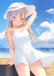 1girl arm_support arm_up bare_arms bare_shoulders beach blonde_hair blue_sky blush breasts cloud collarbone commentary_request covered_navel day dress goldowl groin hand_on_headwear highres looking_at_viewer ocean original outdoors parted_lips red_eyes sand see-through sky sleeveless sleeveless_dress small_breasts solo strap_slip water white_dress white_headwear 