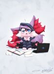  blue_eyes book braixen clothed clothing computer dizzy freckles generation_6_pokemon gingy_(gingy_k_fox) gingy_k_fox hi_res hoodie laptop nintendo pencil pokemon pokemon_(species) shiny_pokemon sitting tired topwear 