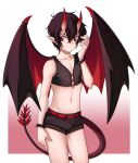  1boy belt bishounen border bulge commentary commission cowboy_shot demon_boy demon_tail demon_wings english_commentary hands_in_hair male_focus navel original pointy_ears red_belt red_eyes short_shorts shorts smile solo tail tama!_(lazyturtle) white_border wings 