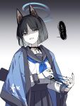  1girl absurdres animal_ear_fluff animal_ears black_eyes black_hair black_sailor_collar black_skirt blue_archive blue_halo blue_neckerchief cat_ears clenched_teeth collarbone frown gradient_background halo haori highres japanese_clothes kikyou_(blue_archive) long_sleeves looking_at_viewer neckerchief pleated_skirt sailor_collar school_uniform serafuku shaded_face short_hair skirt solo speech_bubble teeth translation_request yoshiki_(dimentiondimention) 
