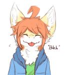  anthro blep blue_clothing blue_topwear blush bust_portrait closed_smile clothed clothing dragon eyes_closed front_view fur furred_dragon green_clothing green_topwear hair hi_res inner_ear_fluff kutto kuttoyaki male messy_hair mouth_closed orange_hair portrait red_tongue simple_background solo tongue tongue_out topwear tuft white_background white_body white_ears white_fur white_inner_ear_fluff yellow_body yellow_ears yellow_fur 
