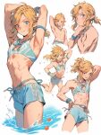  2023 blonde_hair blue_eyes breath_of_the_wild clothing deltapork elf girly hair hi_res humanoid humanoid_pointy_ears hylian light_body light_skin link long_hair male nintendo open_mouth open_smile partially_submerged pose simple_background smile solo swimming_trunks swimwear the_legend_of_zelda water 