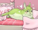  &lt;3 alternate_species ambiguous_gender bed bedding blanket blush countershade_fur countershading detailed_background eyelashes feral feralized fluffy fur furniture furrification gone_birdy green_body green_eyes green_fur lagomorph leporid lidded_eyes mammal nu:_carnival olivine_(nu:_carnival) on_bed paws pillow rabbit solo 
