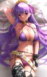  1girl absurdres bare_shoulders bb_(fate) bb_(swimsuit_mooncancer)_(fate) bikini blush breasts cleavage fate/grand_order fate_(series) grin hair_ornament hair_ribbon hairband highres kamehito large_breasts long_hair looking_at_viewer navel purple_eyes purple_hair ribbon smile solo star_(symbol) star_hair_ornament swimsuit thighs very_long_hair 
