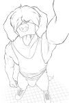  anthro athletic athletic_anthro athletic_male beastars blep bodily_fluids bottomwear bulge canid canine canis clothing collot_(beastars) domestic_dog footwear furgonomics hair hair_over_eye hair_over_eyes herding_dog hi_res jockstrap male mammal monochrome neverwolf one_eye_obstructed pastoral_dog raised_arm selfie sheepdog shirt shoes simple_background smile solo standing sweat sweatdrop tank_top tongue tongue_out topwear underwear 