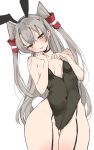  1girl alternate_costume amatsukaze_(kancolle) animal_ears black_choker black_leotard breasts brown_eyes chigasaki_yukari choker commentary_request covered_navel cowboy_shot fake_animal_ears grey_hair hair_tubes highleg highleg_leotard highres kantai_collection leotard long_hair looking_at_viewer playboy_bunny rabbit_ears rabbit_tail simple_background small_breasts smokestack_hair_ornament solo tail thigh_gap two_side_up white_background 