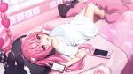  1girl :d animal_ears bare_legs barefoot cat_ears cat_girl cellphone doughnut feet food full_body heppoko_babutaro highres indie_virtual_youtuber knee_up legs long_hair looking_at_viewer lying momoshiki_tsubaki nintendo_switch no_pants on_back on_bed open_mouth phone pink_eyes pink_hair second-party_source shirt smartphone smile toes tray twintails virtual_youtuber white_shirt 