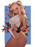  1girl animal_ear_fluff arknights bare_shoulders blue_background blush bodysuit bodysuit_pull breasts cowboy_shot dark-skinned_female dark_skin distr earpiece from_side gravel_(arknights) heart highres infection_monitor_(arknights) large_breasts long_hair looking_at_viewer orange_eyes partial_bodysuit partially_undressed pink_hair prairie_dog_ears prairie_dog_girl prairie_dog_tail simple_background sleeveless smile solo tan two-tone_background white_background 